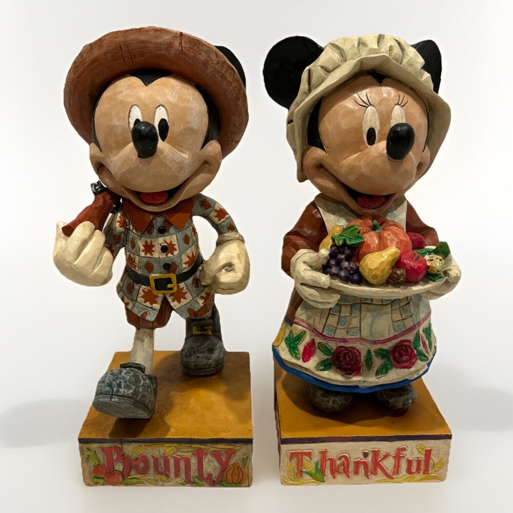 Jim Shore Disney Mickey Minnie Mouse Thanksgiving Pilgrims Thankful & bounty EUC